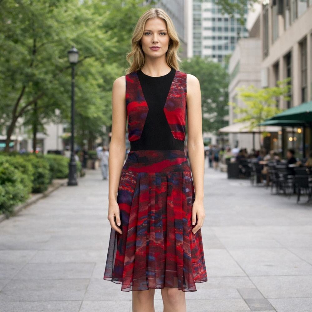 B51 Hunter Bell Sleeveless Midi Dress 8 Chiffon Pleated  Abstract Cocktail Flowy